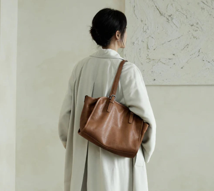 Vegetable tanned first-layer cowhide ingot bowling bag portable crossbody bag retro genuine leather large-capacity commuter bag for women