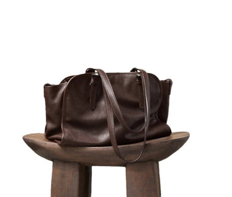 Vegetable tanned first-layer cowhide ingot bowling bag portable crossbody bag retro genuine leather large-capacity commuter bag for women