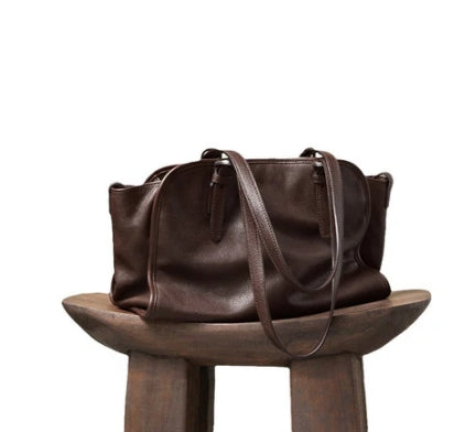 Vegetable tanned first-layer cowhide ingot bowling bag portable crossbody bag retro genuine leather large-capacity commuter bag for women