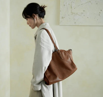 Vegetable tanned first-layer cowhide ingot bowling bag portable crossbody bag retro genuine leather large-capacity commuter bag for women