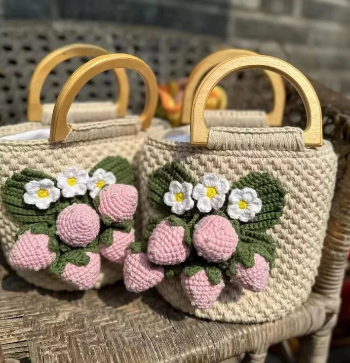 $159.99 Cream Strawberry Wooden Handle Braided Bag